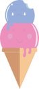 An ice-cream cone with two scoops of ice-cream. Happy strawberry scoop and sad bitten blueberry taste scoop sitting on top Royalty Free Stock Photo