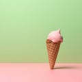 Ice cream cone vanilla and strawberry flavors on a pink and green background. generative ai