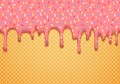 Ice Cream Cone Vector Illustration with Dripping Pink Glaze and Wafer Texture. Abstract Food Background Design.