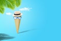 Ice cream cone wear weave hat and sunglasses with white clouds and coconut palm leaves in background. Royalty Free Stock Photo