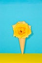ice cream cone with yellow rose flower head on a blue background with a small yellow part Royalty Free Stock Photo