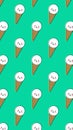 Cute ice cream cones and baby harp seals on a bright turquoise background. Cartoon style wallpaper for a smartphone.