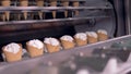 Ice-cream cones are being relocated from a rotary conveyor to a linear one