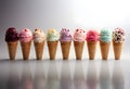Ice cream cones with different flavors on a white background, close up