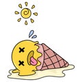 Ice cream cones are falling unconscious and melting in the hot summer sun, doodle icon image kawaii Royalty Free Stock Photo