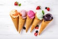 Ice cream cones and fruits on background, Generative AI