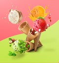 Ice cream cones with hazelnut, mint and chocolate, orange and strawberry