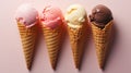 Ice cream in cones isolated on pink background, Assortment of assorted ice creams