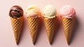 Ice cream in cones isolated on pink background, Assortment of assorted ice creams