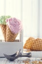 Ice cream cones with an old metal scoop Royalty Free Stock Photo