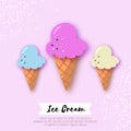 Ice-cream cones in paper cut style. Origami Melting ice cream on pink.