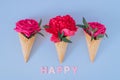 Ice Cream Cones with pink peony and roses on blue background, flat lay Royalty Free Stock Photo