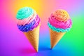 Ice cream cones on rainbow background. Colorful ice creams. Generative AI.