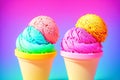 Ice cream cones on rainbow background. Colorful ice creams. Generative AI.