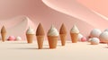 Tasty ice cream cones in the sand