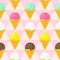 Ice cream cones seamless pattern. Cute summer background with sweet dessert and geometric backdrop.