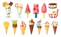 Ice cream cones. Strawberry popsicle, watermelon fruit ice, vanilla sundae, ice cream sandwich. Summer dessert with nuts Royalty Free Stock Photo