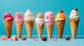 Ice cream cones in a variety of flavours. Generative AI Royalty Free Stock Photo