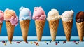 Ice cream cones in a variety of flavours. Generative AI Royalty Free Stock Photo