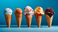 Ice cream cones in a variety of flavours. Generative AI Royalty Free Stock Photo