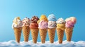 Ice cream cones in a variety of flavours. Generative AI Royalty Free Stock Photo