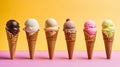 Ice cream cones in a variety of flavours. Generative AI Royalty Free Stock Photo