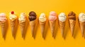 Ice cream cones in a variety of flavours. Generative AI Royalty Free Stock Photo