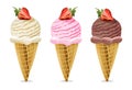 Ice cream cones Vector. Chocolate, vanilla and strawberry flavors Royalty Free Stock Photo