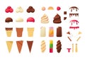 Ice cream constructor. Cartoon cold summer dessert ingredients and pieces, colorful waffle cones, fruits, ice cream