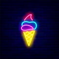 Ice cream corn neon icon. Sweet shop emblem. Summer signboard. Sweet food concept. Editable stroke. Vector illustration