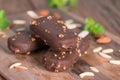 Ice cream covered with chocolate and almonds sticks. Royalty Free Stock Photo