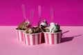 Ice cream cup on pink background, summer emotions, background, l Royalty Free Stock Photo