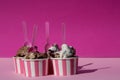 Ice cream cup on pink background, summer emotions, background, l Royalty Free Stock Photo