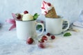 Ice cream in cups decorated with fresh raspberries and mint leaves, ice cubes with strawberries, flower Royalty Free Stock Photo