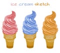 Ice cream cups VECTOR set. Hand drawn cream dessert. Strawberry, blackberry and orange cream.