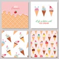 Ice cream cute cards and seamless pattern set. Kawaii cartoon characters. Wafer surface with melted strawberry cream