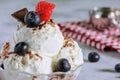 Ice cream decorated with chocolate chips. Delicious frozen dessert with strawberries and blueberries. Cooling summer