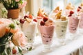 Ice cream desserts buffet table, event food catering for wedding, party and holiday celebration, ice creams and flowers decor in a Royalty Free Stock Photo