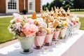 Ice cream desserts buffet table, event food catering for wedding, party and holiday celebration, ice creams and flowers decor in a Royalty Free Stock Photo