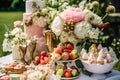 Ice cream desserts buffet table, event food catering for wedding, party and holiday celebration, ice creams and flowers decor in a Royalty Free Stock Photo