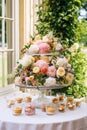 Ice cream desserts buffet table, event food catering for wedding, party and holiday celebration, ice creams and flowers decor in a Royalty Free Stock Photo