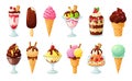 Ice cream desserts. Sundae topped with syrup, sweet sprinkles, berries and fruits. Tasty cold dessert in glass cartoon vector set Royalty Free Stock Photo