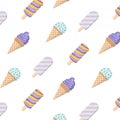 Ice cream diagonal vector seamless pattern on white background. Royalty Free Stock Photo