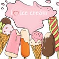 Ice cream of different types. Ice cream melts in the summer heat. Bright stylish mock up on white background.