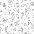 Ice cream doodle wallpaper seamless pattern outline lolly cupcake pretzel contour dessert vector