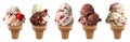 Ice cream double triple scoop, on waffle cake cone on transparent background cutout, PNG