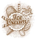 Ice cream emblem. Different types of ice cream drawn by hand