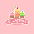 Ice Cream emblem. Gelateria logo. Italian cafe sign. Ice cream with letters on a pink background.