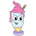Ice cream emoticon in a glass with a happy smiling face, doodle icon image