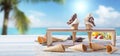 Ice cream and empty cones at the seaside on the blue table Royalty Free Stock Photo